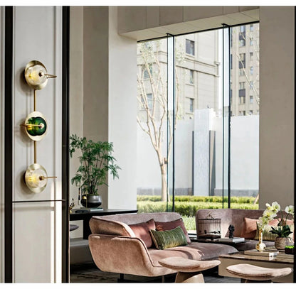 Nordic Retro round glass wall lamp Modern luxury metal plate Green Crystal wall light