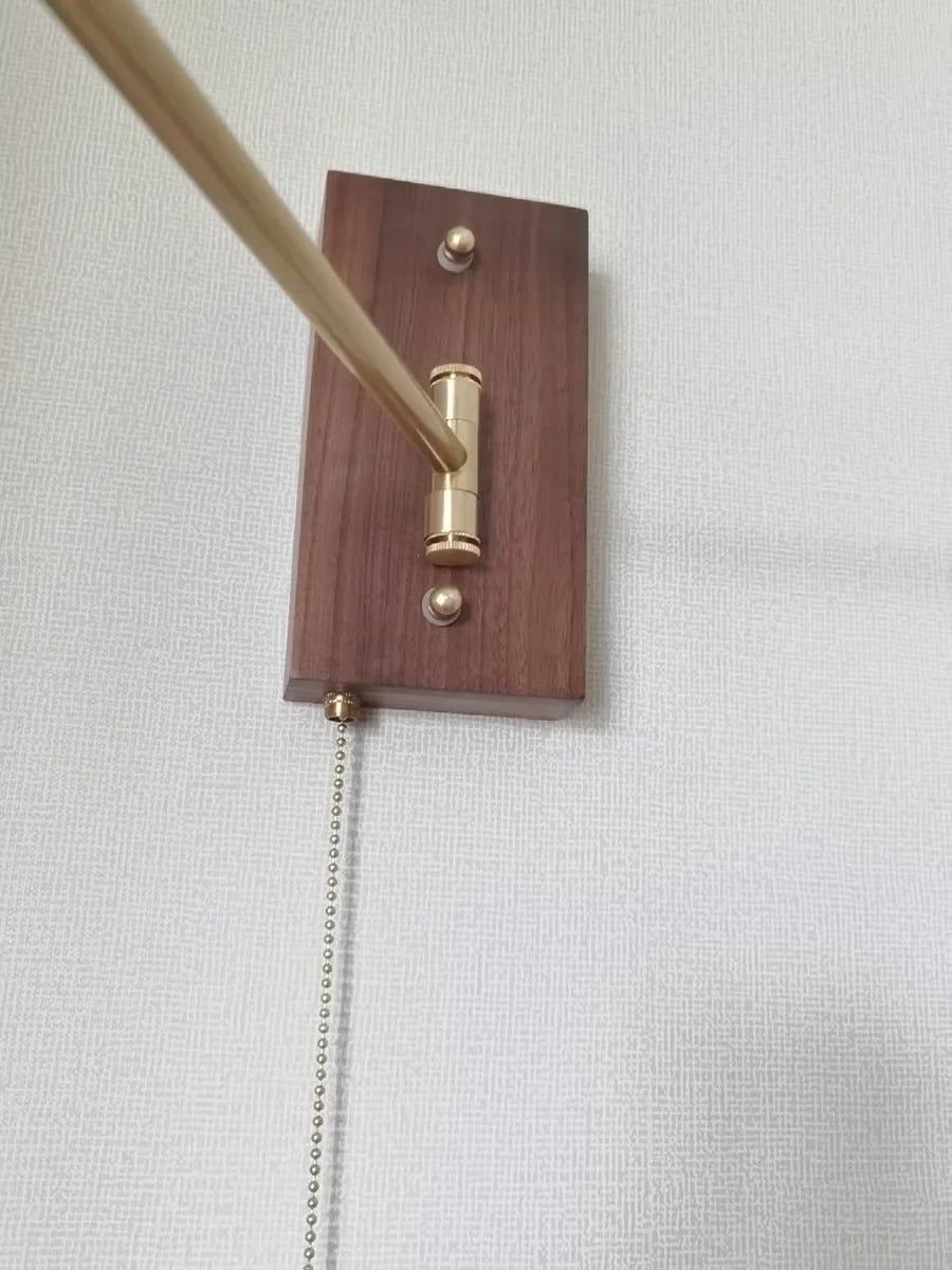 Retro Walnut Ash Wood LED Wall Lamp Copper Bedside Pull Chain Wall Light