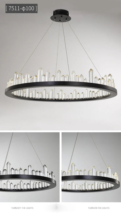 Modern Luxury Crystal Ring chandeliers Round black golden pendant lamp LED hanging light