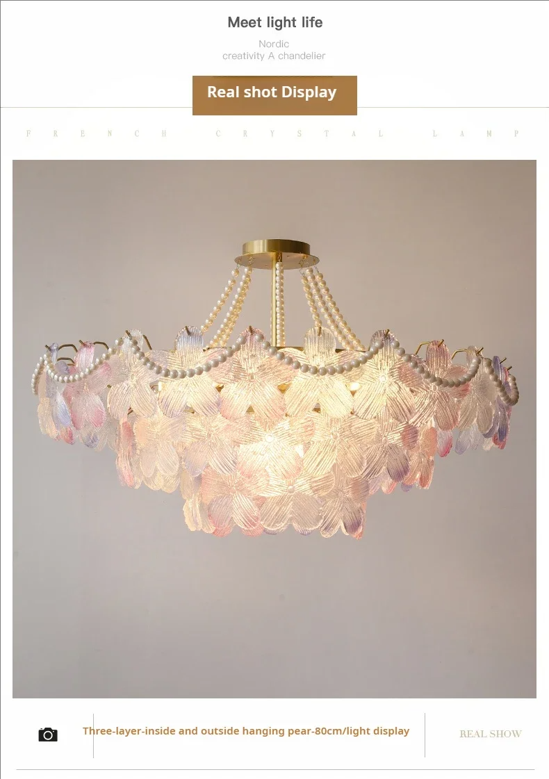 French Flower Crystal Chandelier Lamp Luxury Pink Glass Cream Petal Pendant Lights Living Room Bedroom Dining Room lighting