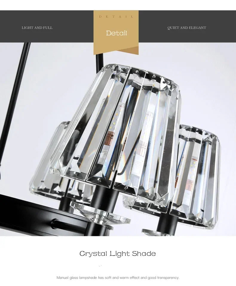Retro Matte Black Round Metal Led Chandelier Lustre K9 Crystal Shades Pendant Lights Lighting Hanging Lamps Room Decor Fixtures