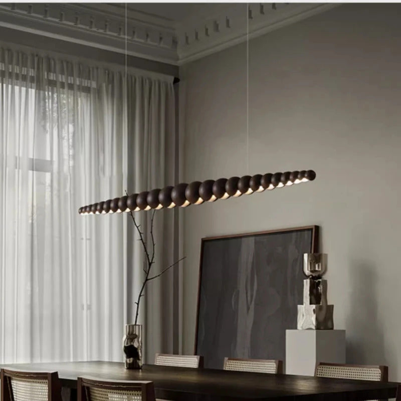 Wooden Beads Long Linear LED Pendant Lights Wabi Sabi wood walnut wood Hanging chandeliers