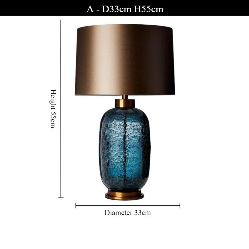 American Blue Glass Desk Lamp Fabric Lampshade Warm LED Light Bedroom Bedside Table Living Room Decor Accent