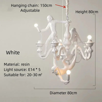 Art creative monkey Pendant lamp White black Resin animal hemp rope wall lamp