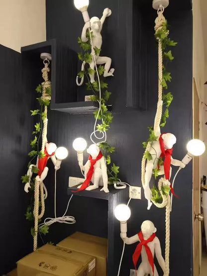Art creative monkey Pendant lamp White black Resin animal hemp rope wall lamp