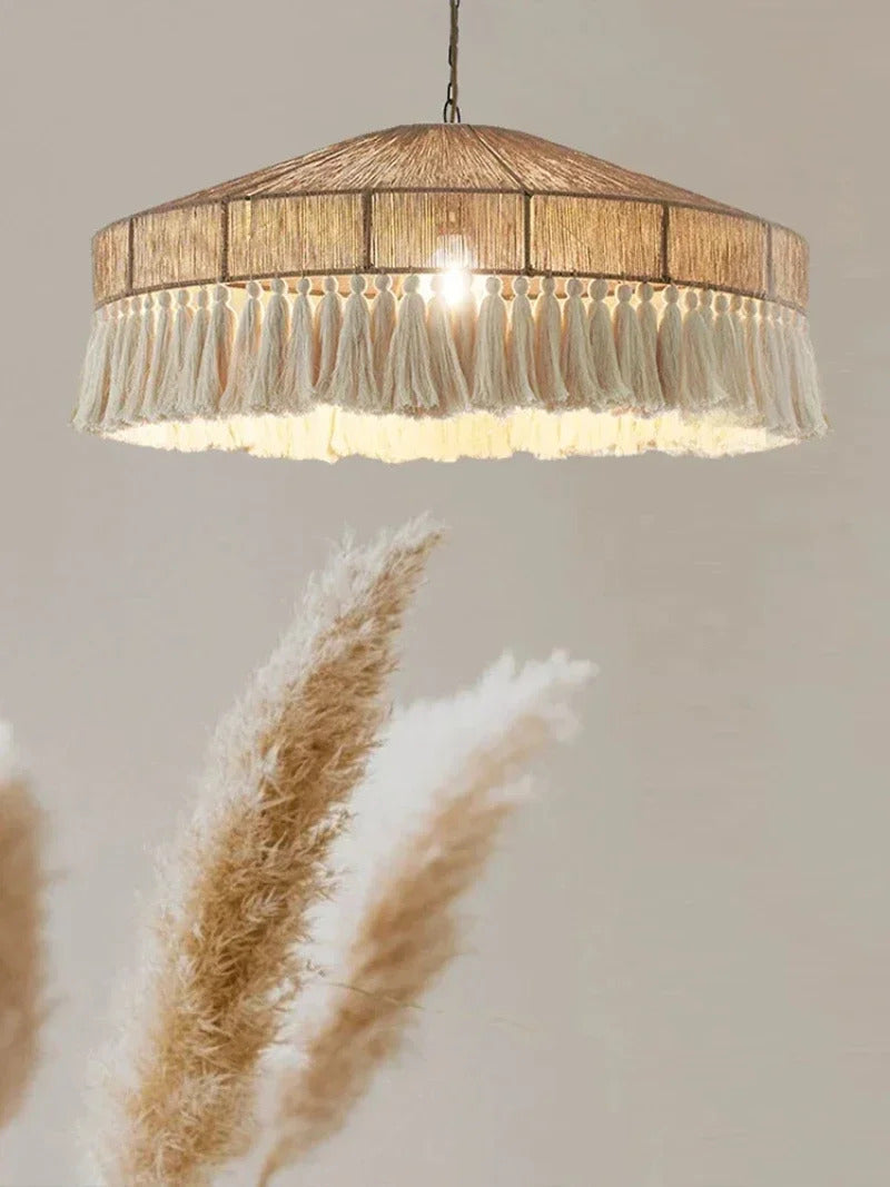 Wabi Sabi Style Retro Living Room Hemp Rope Pendant Light Bohemian Tassel Pendant Lamp