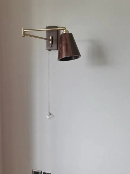 Retro Walnut Ash Wood LED Wall Lamp Copper Bedside Pull Chain Wall Light