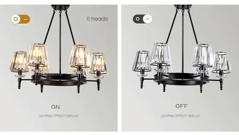 Retro Matte Black Round Metal Led Chandelier Lustre K9 Crystal Shades Pendant Lights Lighting Hanging Lamps Room Decor Fixtures