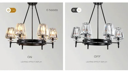 Retro Matte Black Round Metal Led Chandelier Lustre K9 Crystal Shades Pendant Lights Lighting Hanging Lamps Room Decor Fixtures