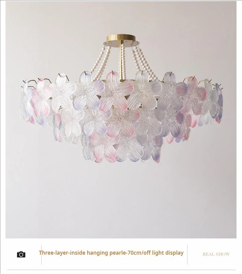 French Flower Crystal Chandelier Lamp Luxury Pink Glass Cream Petal Pendant Lights Living Room Bedroom Dining Room lighting
