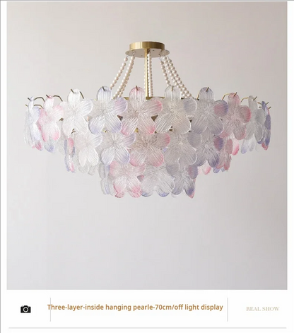 French Flower Crystal Chandelier Lamp Luxury Pink Glass Cream Petal Pendant Lights Living Room Bedroom Dining Room lighting