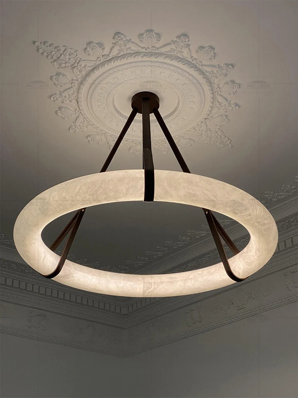 Hot selling high-end living room main light, round all copper leather pendant light, Spanish marble pendant light