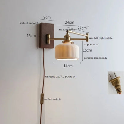 Retro Walnut Ash Wood LED Wall Lamp Copper Bedside Pull Chain Wall Light