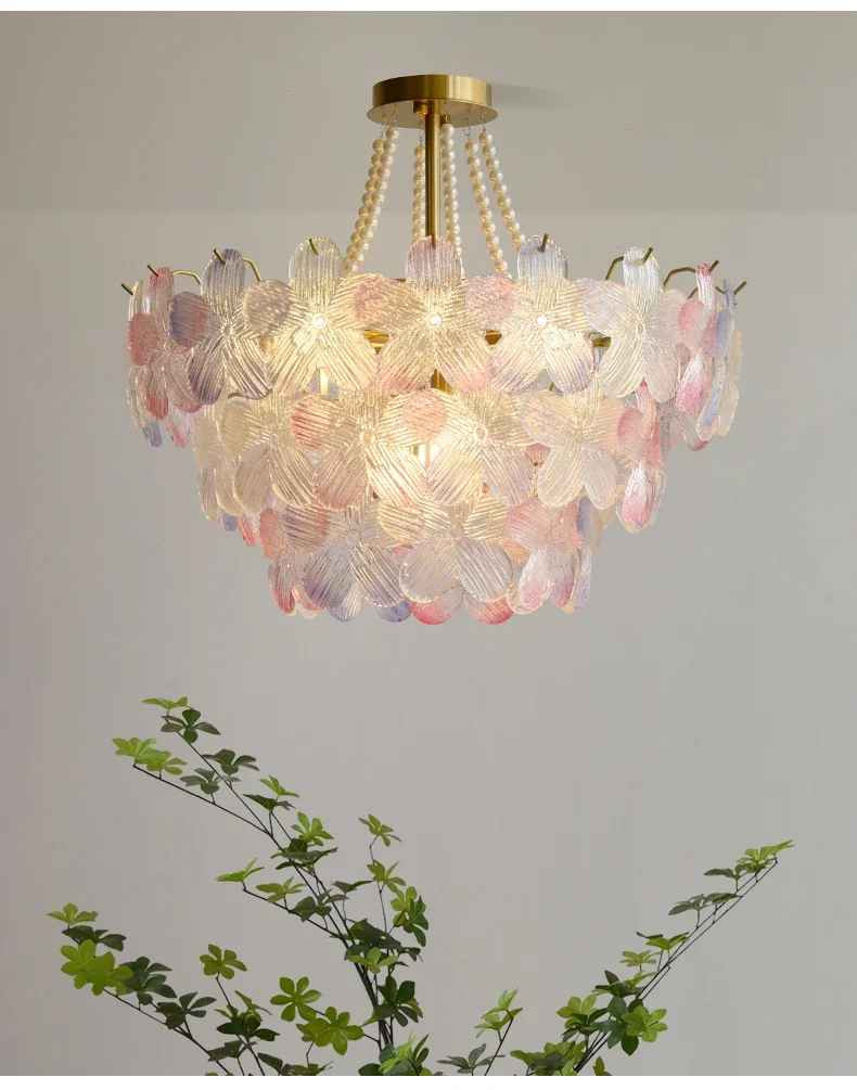 French Flower Crystal Chandelier Lamp Luxury Pink Glass Cream Petal Pendant Lights Living Room Bedroom Dining Room lighting