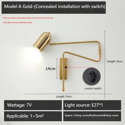 Nordic Long arm Wall lamp Art design Adjustable Wall light gold black swing sconce