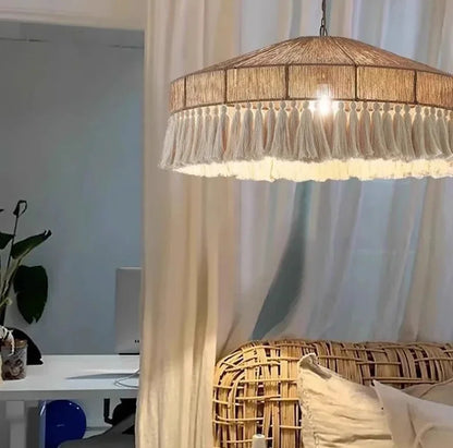 Wabi Sabi Style Retro Living Room Hemp Rope Pendant Light Bohemian Tassel Pendant Lamp