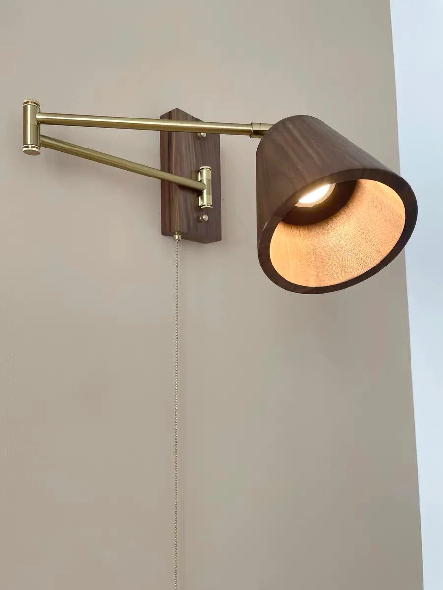 Retro Walnut Ash Wood LED Wall Lamp Copper Bedside Pull Chain Wall Light