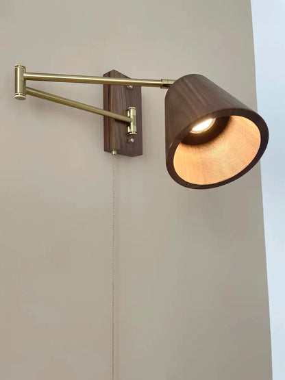 Retro Walnut Ash Wood LED Wall Lamp Copper Bedside Pull Chain Wall Light