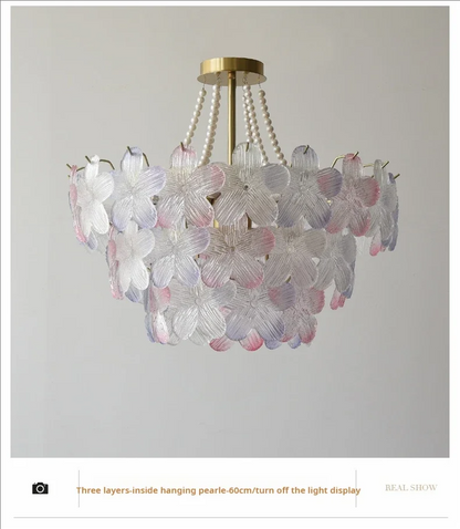 French Flower Crystal Chandelier Lamp Luxury Pink Glass Cream Petal Pendant Lights Living Room Bedroom Dining Room lighting
