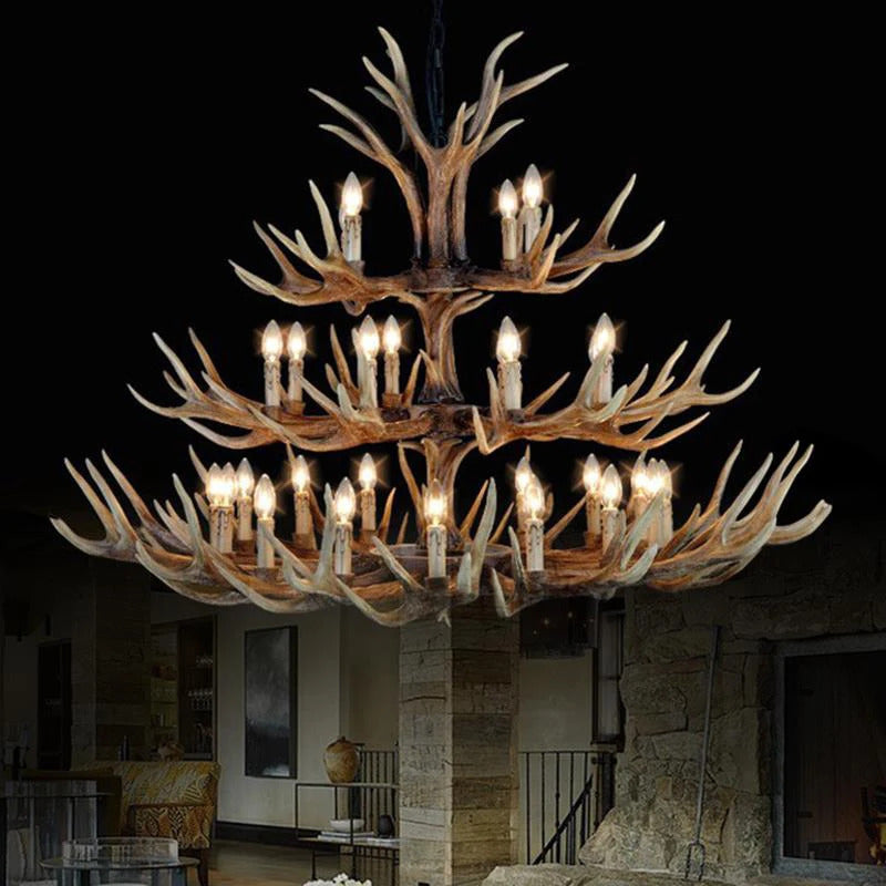 Retro Antler Chandelier Lighting Resin Deer Horn Pendant Lamp