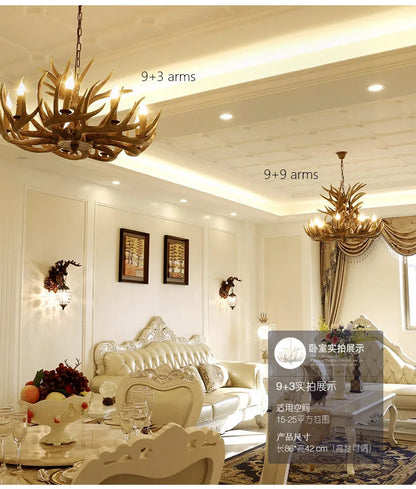Retro Antler Chandelier Lighting Resin Deer Horn Pendant Lamp
