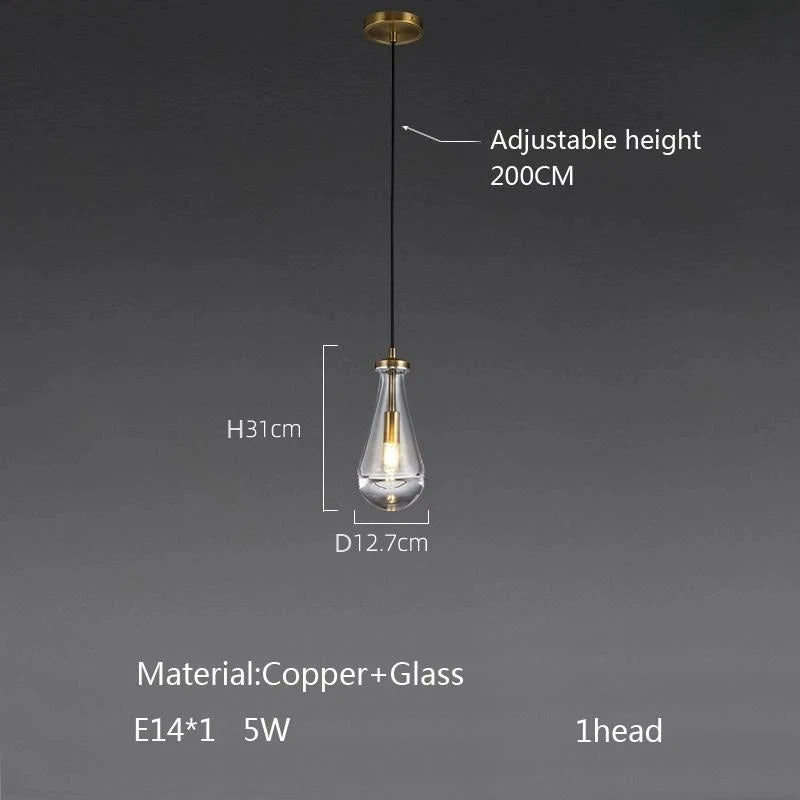 Luxury All Copper LED Pendant Light Modern Water drop Glass chandelier