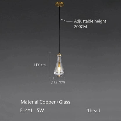 Luxury All Copper LED Pendant Light Modern Water drop Glass chandelier