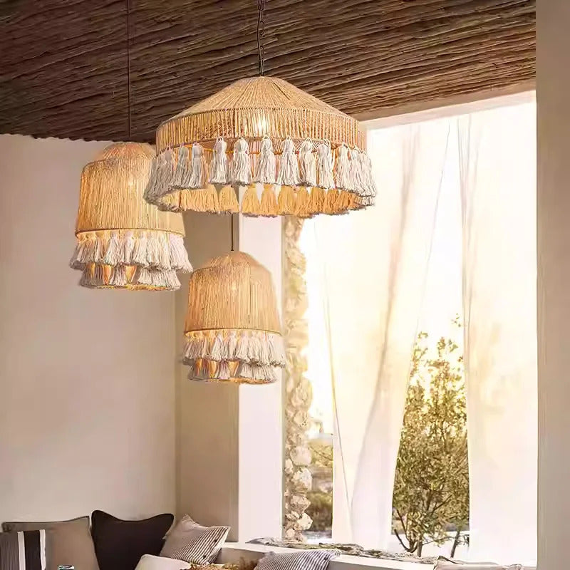 Wabi Sabi Style Retro Living Room Hemp Rope Pendant Light Bohemian Tassel Pendant Lamp