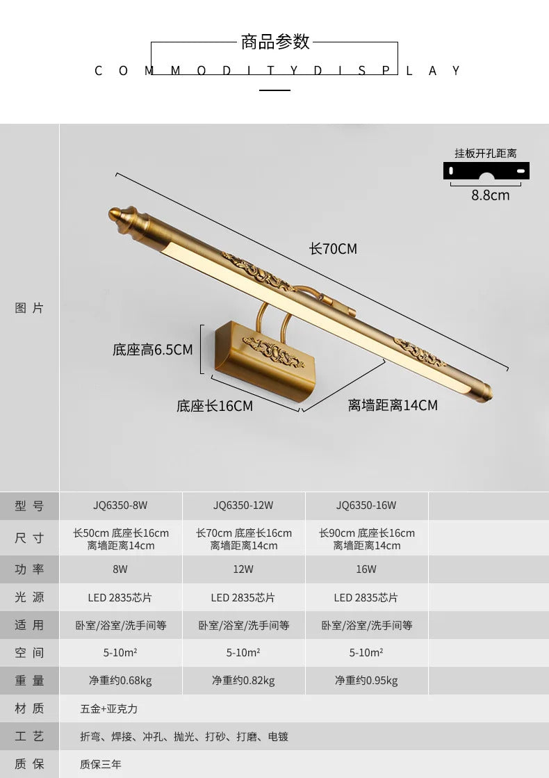 Europe Retro LED Mirror wall lamp Luxury gold bathroom cabinet mirror Headlight