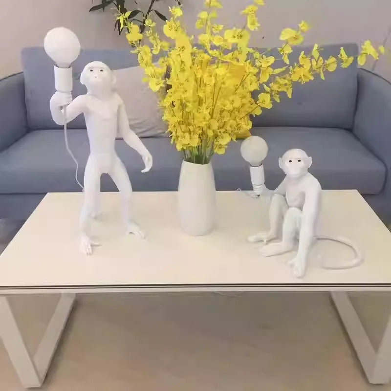 Art creative monkey Pendant lamp White black Resin animal hemp rope wall lamp