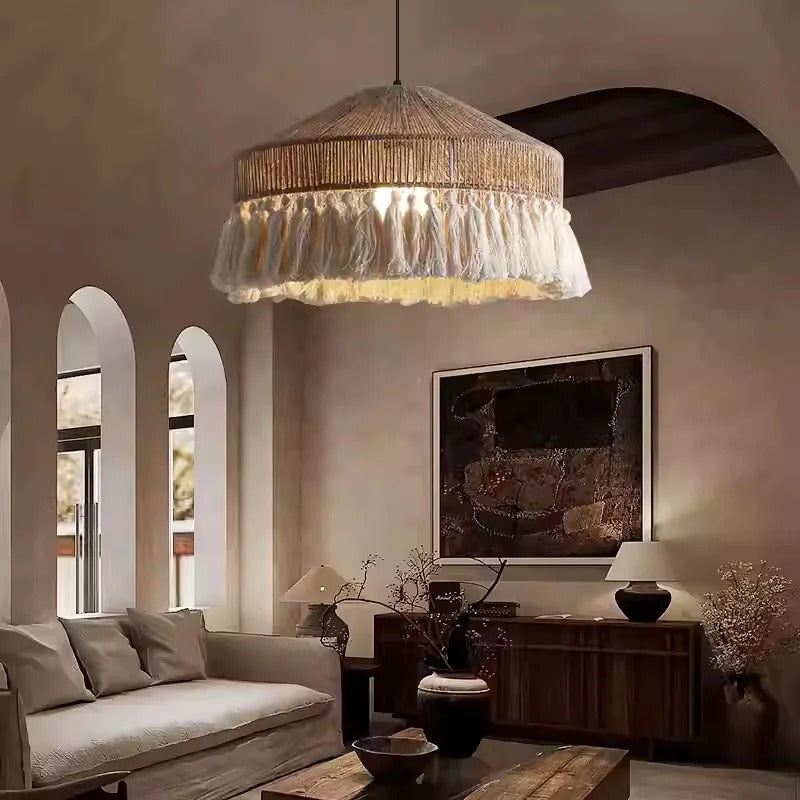 Wabi Sabi Style Retro Living Room Hemp Rope Pendant Light Bohemian Tassel Pendant Lamp