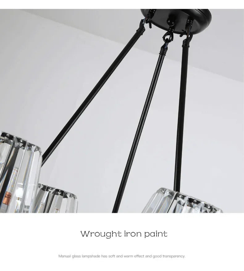 Retro Matte Black Round Metal Led Chandelier Lustre K9 Crystal Shades Pendant Lights Lighting Hanging Lamps Room Decor Fixtures