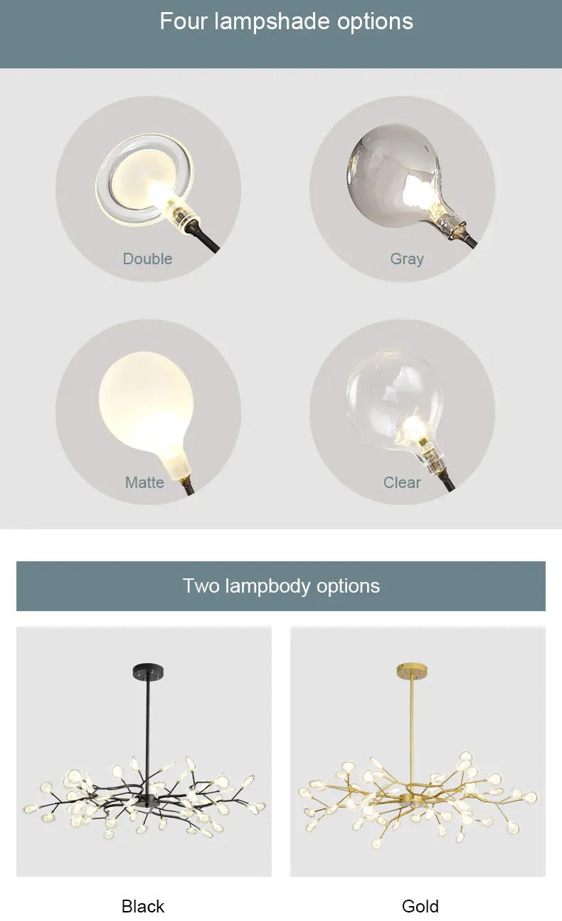 Nordic firefly chandelier Stylish Tree Branch Black Gold glass light