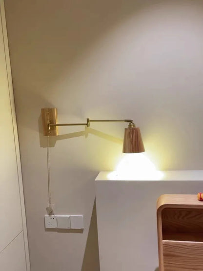 Retro Walnut Ash Wood LED Wall Lamp Copper Bedside Pull Chain Wall Light