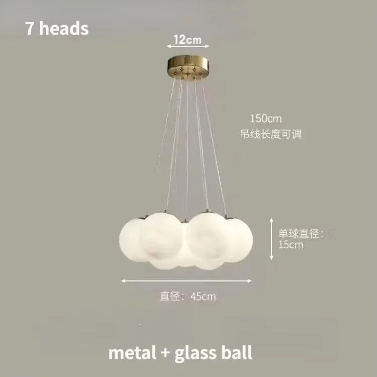 Lustre moderno em estilo creme com bolas de vidro branco, lustre criativo de bolhas LED para sala de estar e quarto, candeeiro nórdico com lua e planetas.