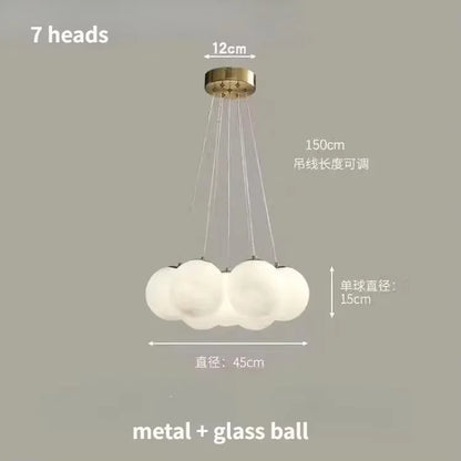 Lustre moderno em estilo creme com bolas de vidro branco, lustre criativo de bolhas LED para sala de estar e quarto, candeeiro nórdico com lua e planetas.