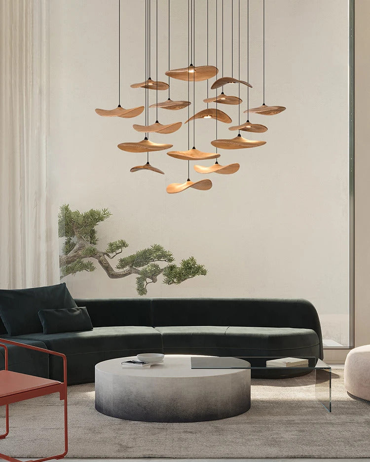 Japanese Lotus Leaf Chandelier Wabi Sabi Solid Wood Hanging Lamp