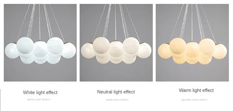 Lustre moderno em estilo creme com bolas de vidro branco, lustre criativo de bolhas LED para sala de estar e quarto, candeeiro nórdico com lua e planetas.