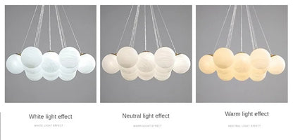 Lustre moderno em estilo creme com bolas de vidro branco, lustre criativo de bolhas LED para sala de estar e quarto, candeeiro nórdico com lua e planetas.