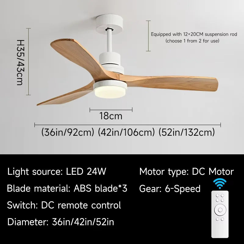 Nordic wooden Large Wind Ceiling Fan Light Retro Simple Solid walnut Electric Remote Fan lamp