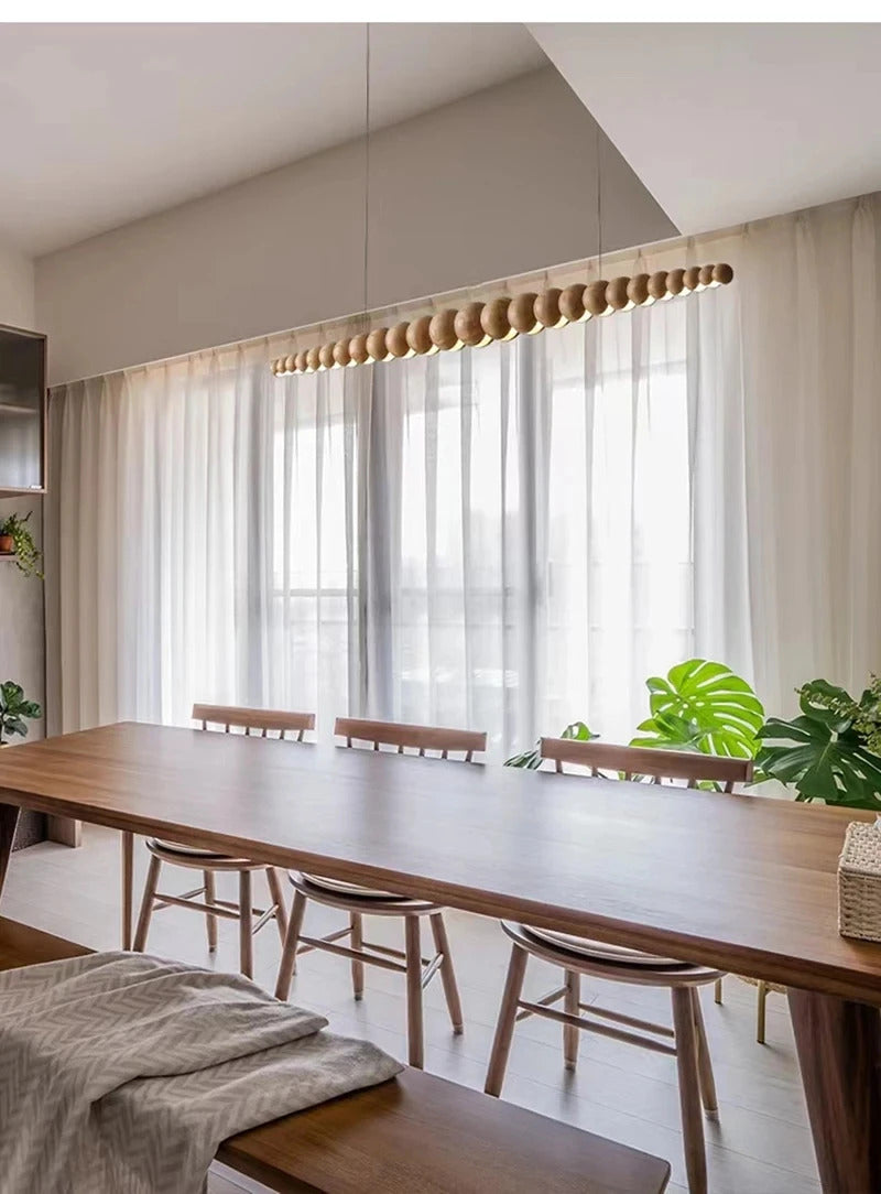 Wooden Beads Long Linear LED Pendant Lights Wabi Sabi wood walnut wood Hanging chandeliers