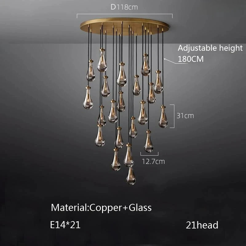 Luxury All Copper LED Pendant Light Modern Water drop Glass chandelier