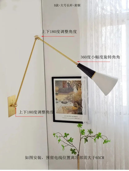 American Luxury Brass golden Wall Lamp Retro Swing Arm Adjustable Wall Light