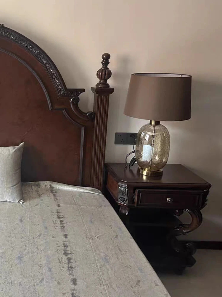 American Blue Glass Desk Lamp Fabric Lampshade Warm LED Light Bedroom Bedside Table Living Room Decor Accent