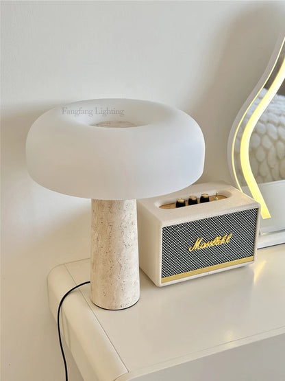 Modern Travertine Table Lamp Natural Stone LED Desk Lamp Indoor Decor Lighting Bedroom Living Room Study Matte Glass Lampshade