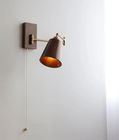 Retro Walnut Ash Wood LED Wall Lamp Copper Bedside Pull Chain Wall Light