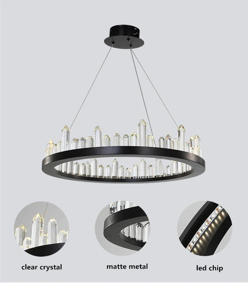 Modern Luxury Crystal Ring chandeliers Round black golden pendant lamp LED hanging light