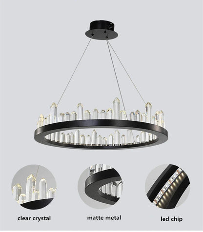 Modern Luxury Crystal Ring chandeliers Round black golden pendant lamp LED hanging light