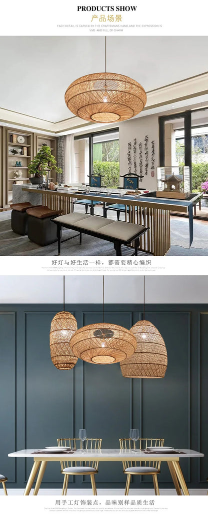 Natural Rattan wicker hanging lamp Chinese Style suspension