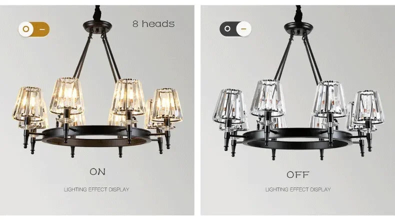 Retro Matte Black Round Metal Led Chandelier Lustre K9 Crystal Shades Pendant Lights Lighting Hanging Lamps Room Decor Fixtures